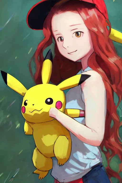 Prompt: highly detailed portrait of a pokemon trainer girl with a wavy vibrant red hair, holding a pikachu in her arms, pokemon cap, pokemon trainer outfit, cinematic lighting, by dustin nguyen, akihiko yoshida, greg tocchini, greg rutkowski, cliff chiang, 4 k resolution, nier : automata inspired, bravely default inspired, natural grassy background