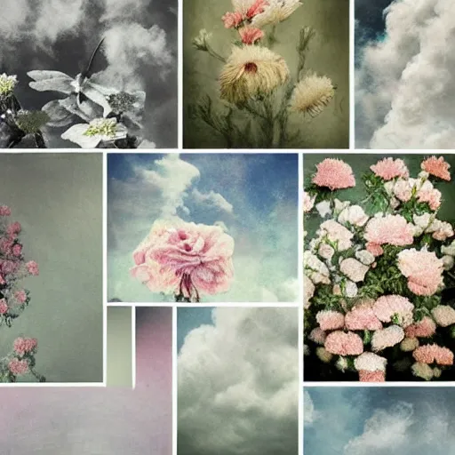 Prompt: carefully isolated vintage flowers, classical sculptures, hand painted fluffy clouds, pastel gradients, beautiful textures, compositions, collages