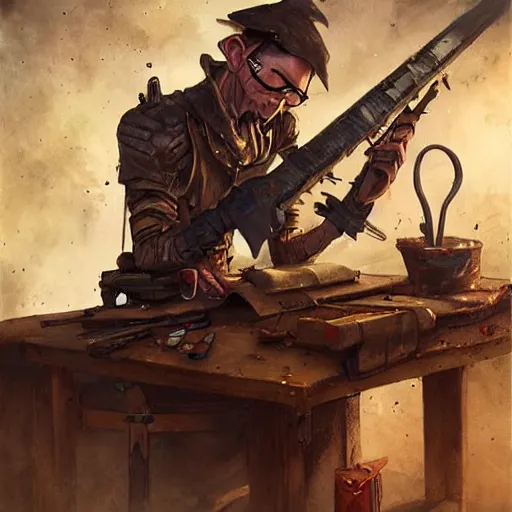 Image similar to goblin artificer tinkerer working on a makeshift rifle on a dusty workbench, cover of a Dungeons and Dragons book, art by Raymond Swanland