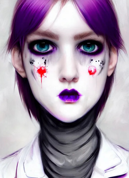 Image similar to portrait of white teenage girl, normal face, white bangs, mall goth, cyberlox, black and white hair, bangs, fluffy bangs, red contact lenses, purple lipstick, intricate, elegant, highly detailed, digital painting, artstation, concept art, sharp focus, smooth, illustration, art by wlop, mars ravelo and greg rutkowski