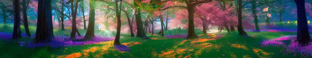 Prompt: spiritual journey through an infinite glowing colorful magical forest, sakura trees, sakura season dynamic lighting, landscape, artwork by jeremy lipkin and giuseppe dangelico pino and michael garmash and rob rey and greg manchess and huang guangjian and makoto shinkai, pixiv, 1 0 0 mm