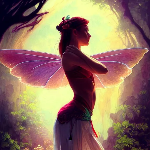 Image similar to beautiful natural fairy small winged redhead martial artist karate fey, vivid colors, intricate, elegant, highly detailed, digital painting, artstation, concept art, smooth, sharp focus, illustration, art by artgerm and greg rutkowski and alphonse mucha and loish and wlop