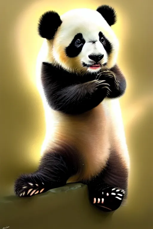 Image similar to clear portrait of a baby panda, cottagecore!!, background hyper detailed, character concept, full body, dynamic pose, glowing lights!! intricate, elegant, highly detailed, digital painting, artstation, concept art, smooth, sharp focus, illustration, art by artgerm and greg rutkowski and alphonse mucha