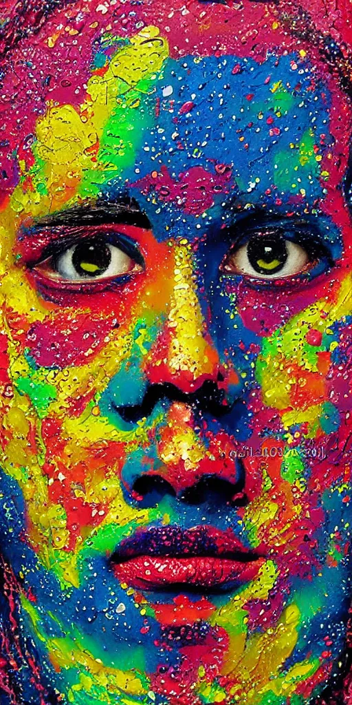 Image similar to intricate face with dots of paint melting in to a colorful painting made of gouache impasto