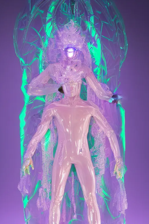 Prompt: full-body rococo and cyberpunk delicate crystalline sculpture of a muscular iridescent slender Spanish male as a humanoid deity wearing a thin see-through ((plastic hooded cloak)) sim roupa, reclining con las piernas abiertas, glowing pink face, crown of white lasers, large diamonds, swirling black silk fabric. futuristic elements. oozing glowing liquid, full-length view. space robots. human skulls. throne made of bones, intricate artwork by caravaggio. Trending on artstation, octane render, cinematic lighting from the right, hyper realism, octane render, 8k, depth of field, 3D