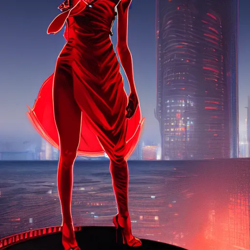 Image similar to cyberpunk girl wearing a red swirling dress, standing on an Imerovigli terrace looking down into the ocean, trending on artstation, cinematic lighting