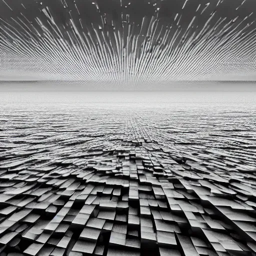 Image similar to defragmentation ( becoming whole with the glitch inside ), in the style of hiroya oku and ryoji ikeda and stanley kubrick, black and white, photorealistic, epic, super technical, 3 d render