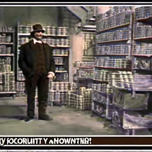 Image similar to security cam footage still of Willy Wonka in his Chocolate Factory