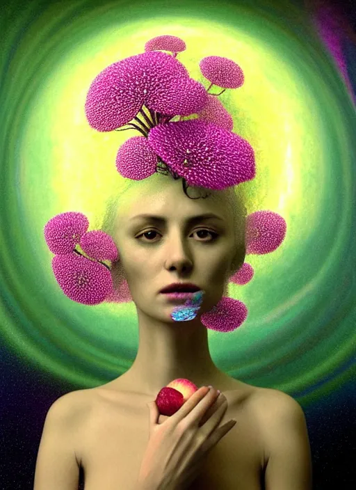 Prompt: insanely detailed 3d render like a painting - Aurora (Singer) seen Eating of the Strangling network of yellowcake aerochrome and milky Fruit and Her delicate Hands hold of gossamer polyp blossoms bring iridescent fungal flowers whose spores black the foolish stars by Jacek Yerka, Mariusz Lewandowski, Houdini algorithmic generative render, Abstract brush strokes, Masterpiece, Edward Hopper and James Gilleard, Zdzislaw Beksinski, Mark Ryden, Wolfgang Lettl, hints of Yayoi Kasuma, octane render, 8k