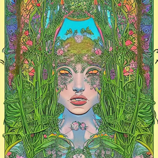 Image similar to an illustration of a beautiful garden forming the face of a beautiful goddess, painted by moebius and james jean