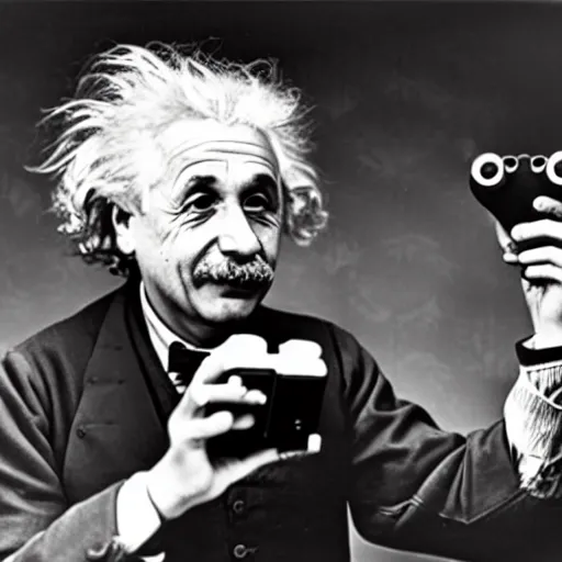 Image similar to photo of einstein holding a ps 5 controller while shouting