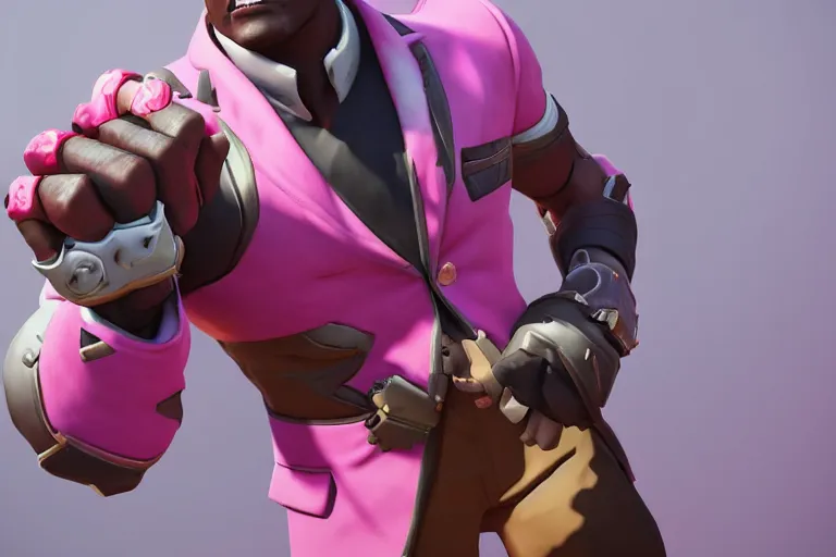 Image similar to doomfist, pink blazer, overwatch game, digital art, high detailed, unreal engine, artstation, 3 d render