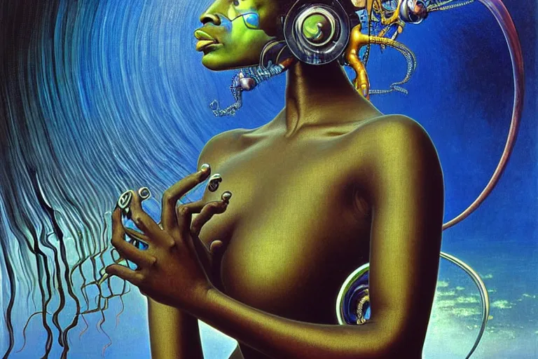 Image similar to realistic extremely detailed portrait painting of a beautiful black woman with a robot, futuristic sci-fi landscape on background by Jean Delville, Amano, Yves Tanguy, Mark Brooks, Alphonse Mucha, Ernst Haeckel, Edward Robert Hughes, Roger Dean, rich moody colours, blue eyes