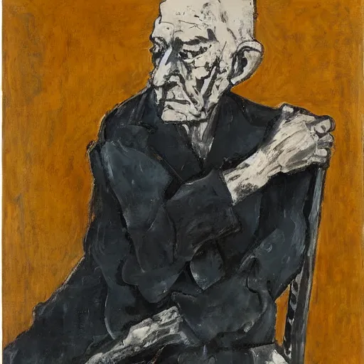 Image similar to painting of an old man sitting on a chair, waiting, by georg baselitz