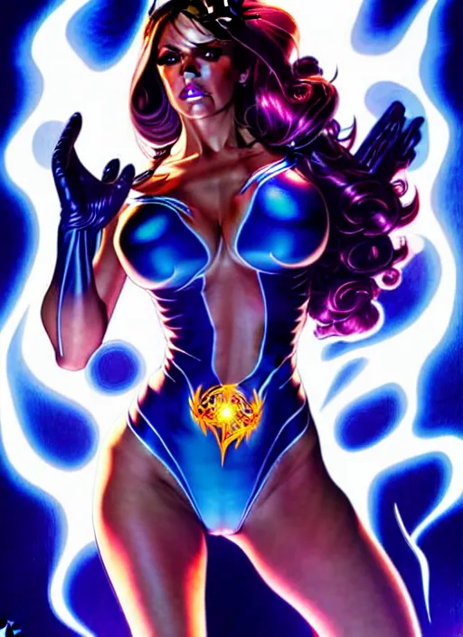 Prompt: front portrait hands behinds pose of attractive Starfire with wavy hair using white gloves, hands behind her pose!, Intricate overlay flames imagery , D&D!, fantasy style, sharp focus!, ultra detailed, art by Artgerm and Peter Andrew Jones, WLUP