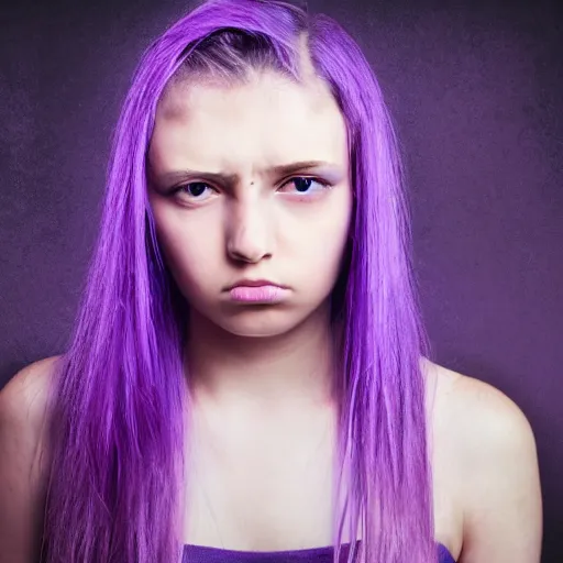 Image similar to detailed photo portrait of a furious teen girl with thin, hair-like purple tentacles on her head and bright purple eyes, 8k, trending on DeviantArt, face enhance,hyper detailed ,full of colour, dramatic lightning