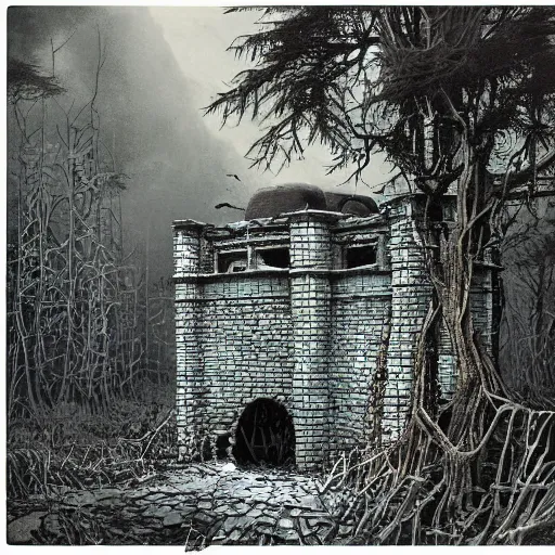 Prompt: pillbox paragonpunk fortress half-sunk in a noxious Swamp, by Colleen Doran and by Angus McBride and by Ted Nasmith, low angle dimetric composition, epic, 3-point perspective