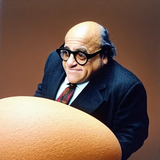 Prompt: danny devito standing next to a chair shaped like an egg, renaissance painting, masterpiece