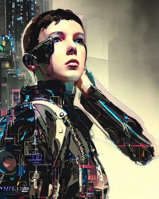 Image similar to professional portrait of cyberpunk millie bobby brown by yoji shinkawa