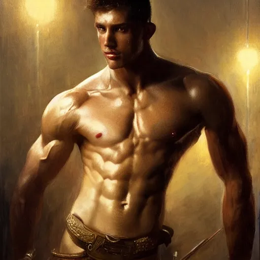 Image similar to handsome portrait of a young guy fitness posing, war hero, flexing abs, radiant light, caustics, reflective, by gaston bussiere, bayard wu, greg rutkowski, giger, maxim verehin