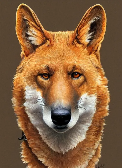 Image similar to portrait of American Dingo, highly detailed, centered, solid color background, digital painting, artstation, concept art, smooth, sharp focus, illustration, artgerm, donato giancola, Joseph Christian Leyendecker, Les Edwards, Ed Repka, WLOP