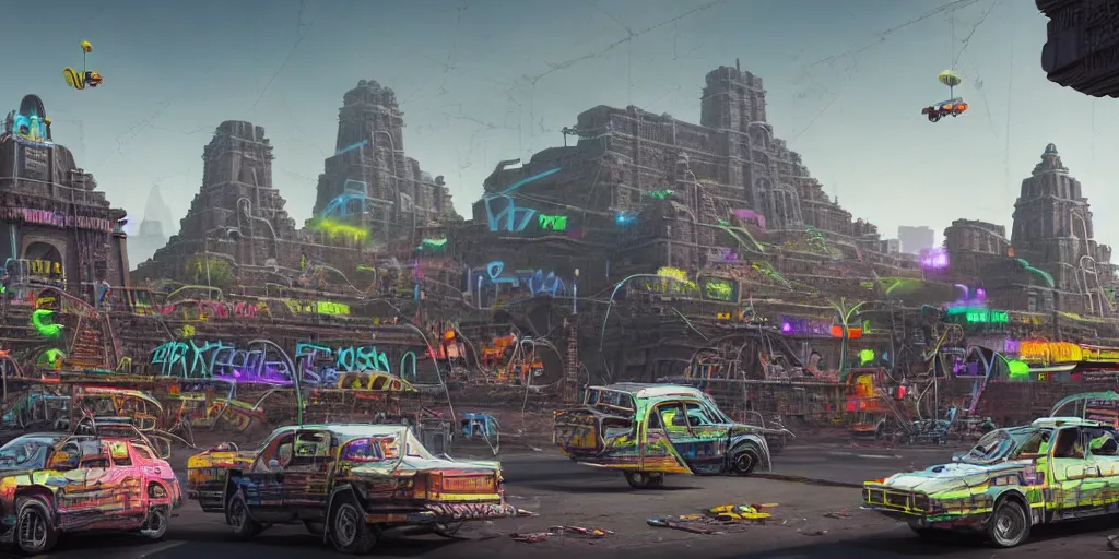 Image similar to hyperrealistic matte painting of aztec temples in a future environment with flying cars, mechanical features and neon, graffiti, scaffolding, smog, destruction by filip hodas, beeple, 4 k, trending on cgsociety