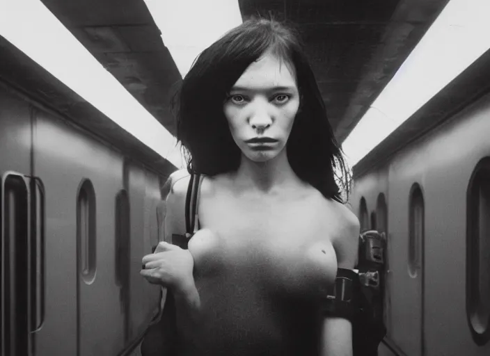 Image similar to close - up portrait of cyberpunk cyborg girl with face armour, in a futuristic subway, richard avedon, tri - x pan