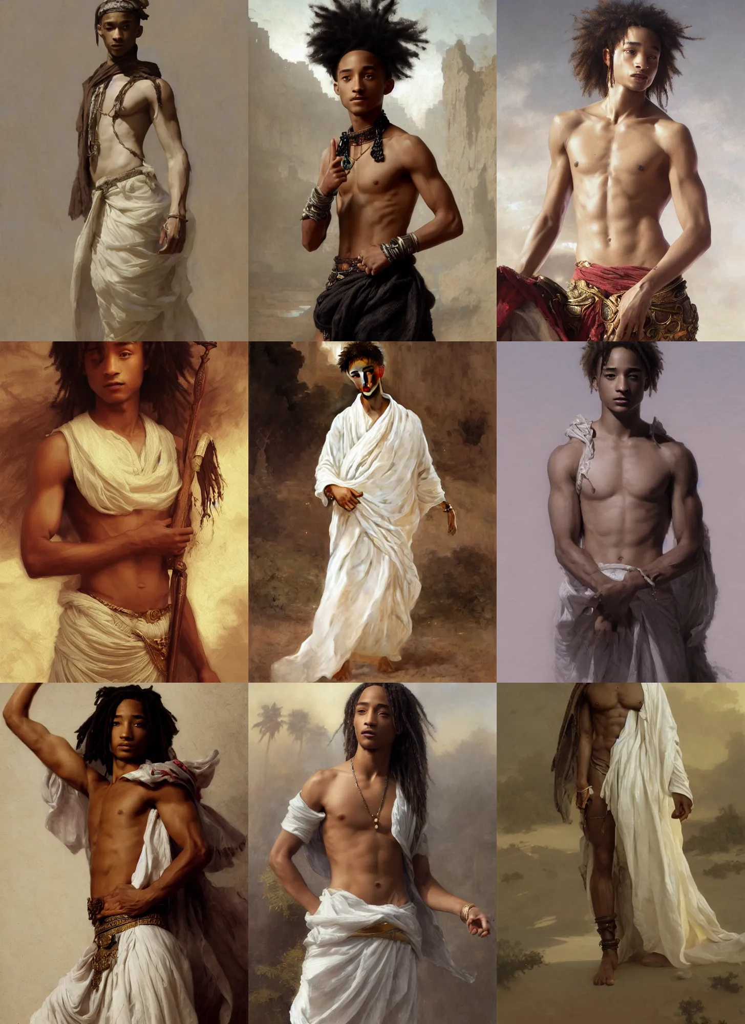 Prompt: jaden smith as ancient libyan soldeir, white skirt and barechest, intricate, elegant, highly detailed, artstation, concept art, sharp focus, ruan jia, jurgens, orientalism, bouguereau