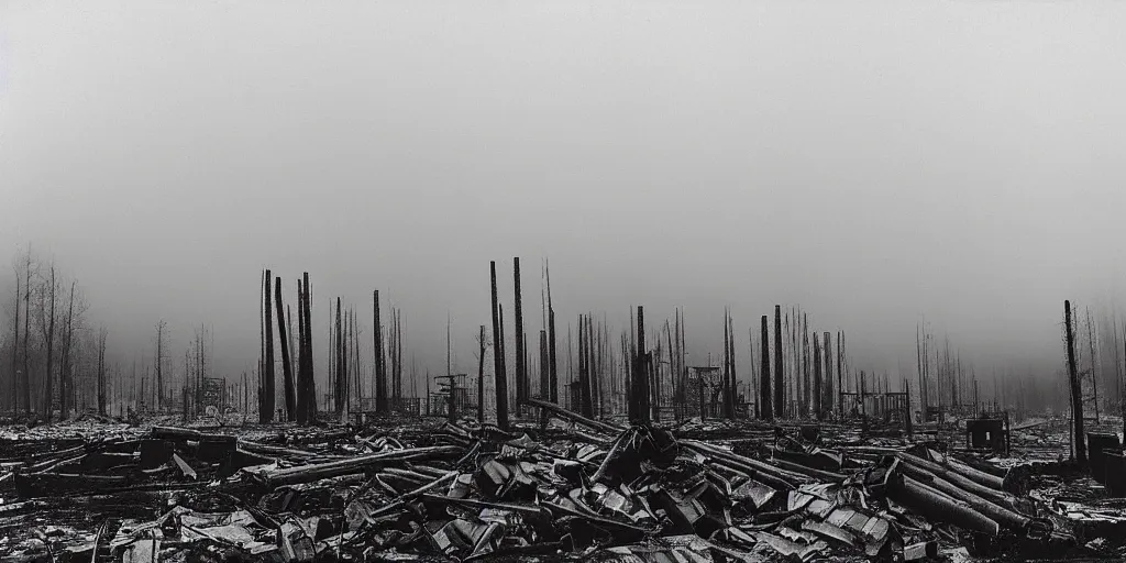 Prompt: industrial city destroying nature, 1 9 2 0 s spirit portrait photography, smoking chimneys, burning trees, cleared dead foggy forest, huge industrial buildings, eerie, dark, by william hope