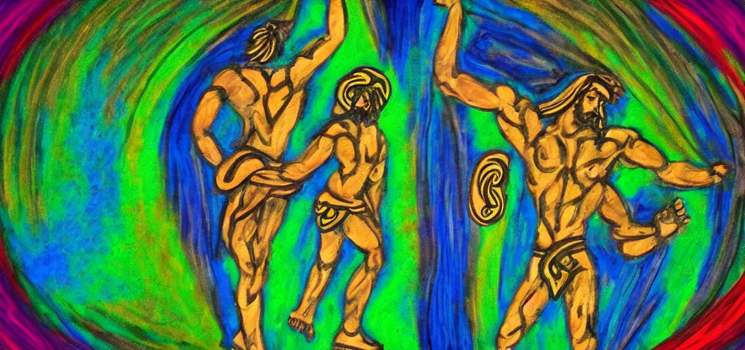 Prompt: an abstract spiritual background, a multiracial greek god dancing, green eyes. high contrast lines, great detail. 2 4 mm, photorealistic, saturated color scheme