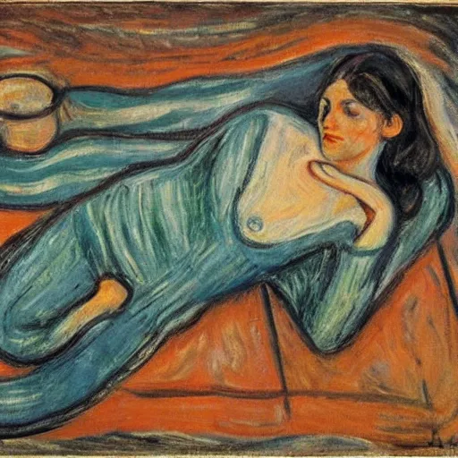 Prompt: subdued aerial view by edvard munch. a street art of a woman reclining on a bed.