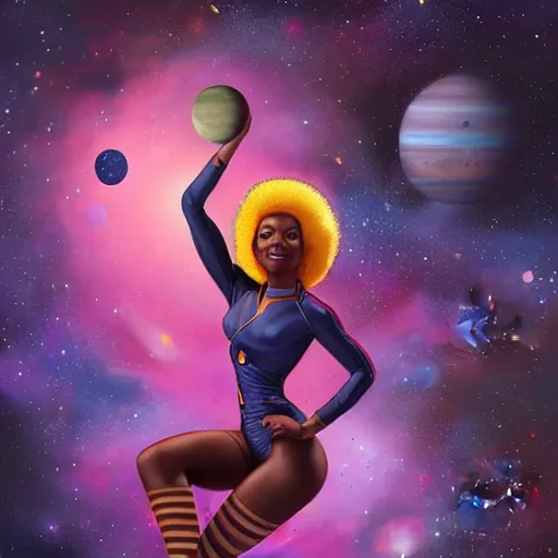 Prompt: full body shot of beautiful black female astronaut with a celestial afro pin-up style floating in deep space with planets and nebulae behind her by Artgerm, realist, trending on artstation