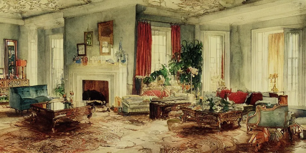 Image similar to a hiper intricate watercolor of a beauty modern living room, reflexions, intricate details, smooth, by william turner art, by greg rutowski by edmund dulac, by carl larson