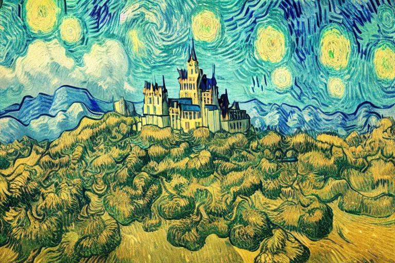 Prompt: retro - futurism anime castle on a mountain in clouds with lots of details look from above rule of thirds golden ratio, fake detail, painted by van gogh