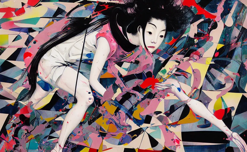Prompt: decollage painting young japanese actress running from the pursue and struggling in a ruined city by adrian ghenie and takato yamamoto and edward hopper and mark ryden and tsutomu nihei, part by bridget riley, acrylic pour and splashing paint, very coherent, baroque elements, perfect anatomy, intricate design. pop art.