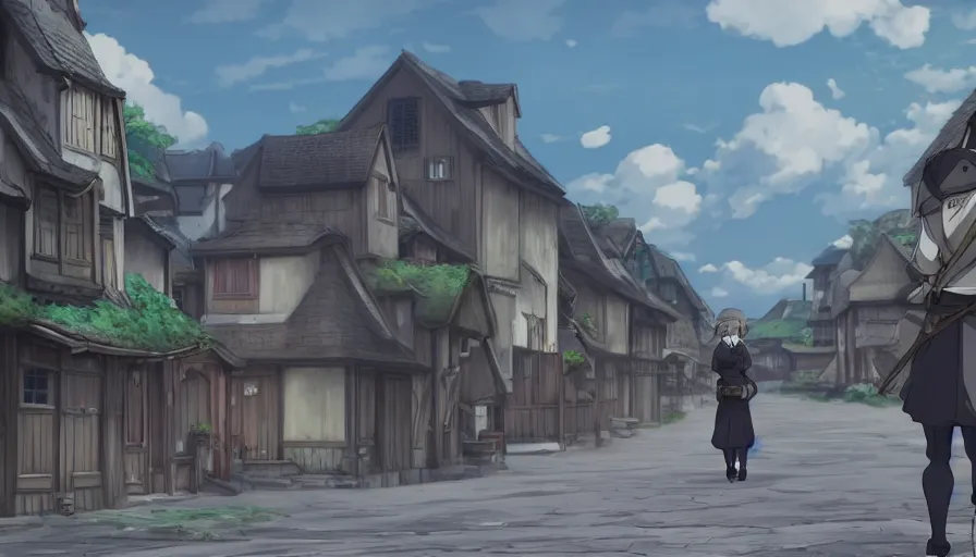 Prompt: Camera focusing on Ais-Wallenstein • walking through the middle of an isekai town street • cinematic anime screenshot by the Studio JC STAFF