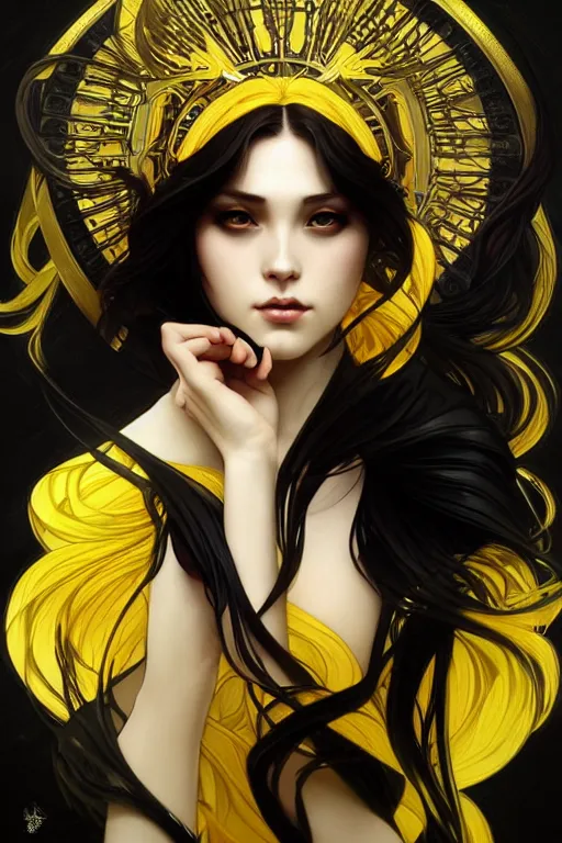 Prompt: beautiful black yellow, dark fantasy, intricate, elegant, highly detailed, digital painting, artstation, concept art, matte, sharp focus, illustration, art by artgerm and alphonse mucha