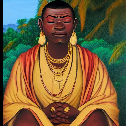 Image similar to contented peaceful congolese!!! bodhisattva, praying meditating, in a scenic environment, detailed, portrait by ernie barnes and gerard sekoto