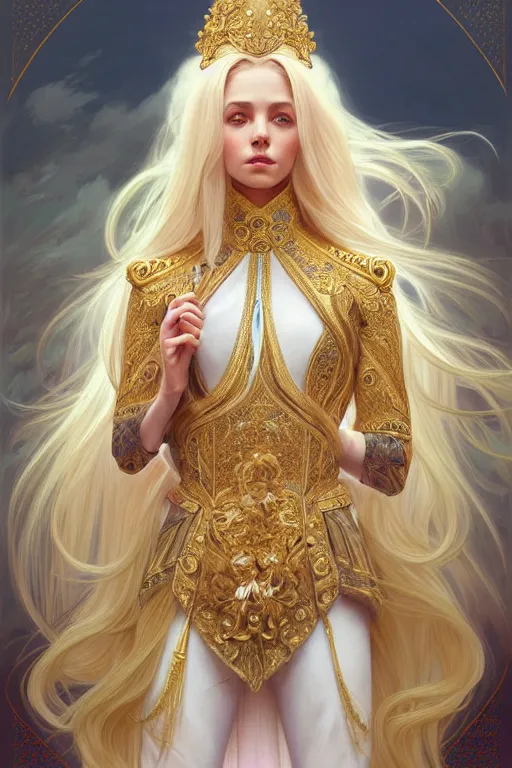 Image similar to portrait of a humanoid princess with long blonde hair, standing next to a beautiful view, ornate white officers outfit with gold embellishments, intricate, elegant, highly detailed, digital painting, artstation, concept art, smooth, sharp focus, illustration, art by artgerm and greg rutkowski and alphonse mucha, 8 k