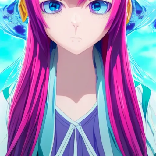 Prompt: stunningly beautiful omnipotent anime goddess with smooth porcelain skin, pink hair and mesmerizing cyan eyes, symmetrical, 8 k