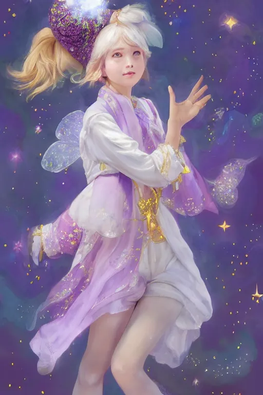 Image similar to Full View fairy maiden with short blond hair wearing an oversized purple Beret, Baggy Purple overall shorts, Short Puffy pants made of silk, silk shoes, a big billowy scarf, Golden Ribbon, and white leggings Covered in stars. covered in embroidery. Short Hair. peasant magic. masterpiece 4k digital illustration by Ruan Jia and Mandy Jurgens and Artgerm and william-adolphe bouguereau, award winning, Artstation, art nouveau aesthetic, Alphonse Mucha background, intricate details, realistic, panoramic view, Hyperdetailed, 8k resolution, intricate art nouveau