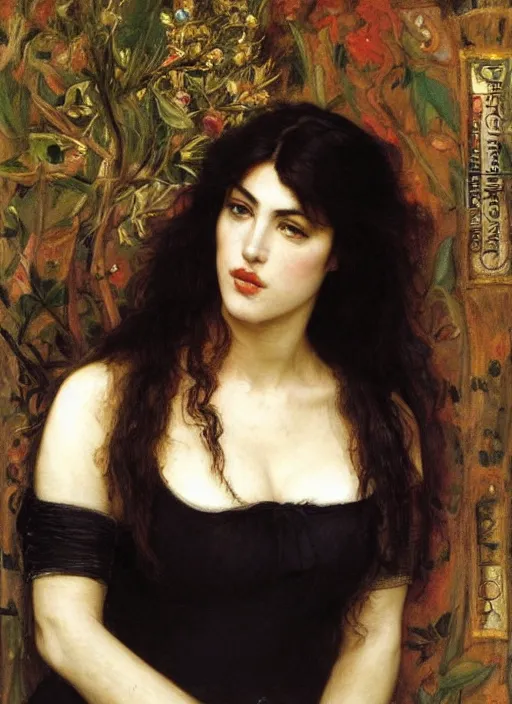 Image similar to a beautiful painting of monica bellucci by John Everett Millais and Dante Gabriel Rossetti and John Collier and john william waterhouse, pre-raphaelite, detailed, trending on artstation, hd, masterpiece