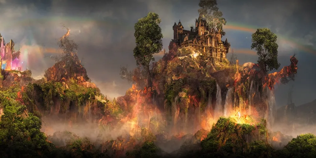 Prompt: a octane render of a landscape with a epic castle and beautiful trees made from liquid waterfalls and marvel hell riders with rainbow flames as citizen hollywood style, by waya steurbaut entertainment, dark, intricate, highly detailed, smooth, artstation, high resolution film render 100k, photo realistic style, epic, close up shot, 3D