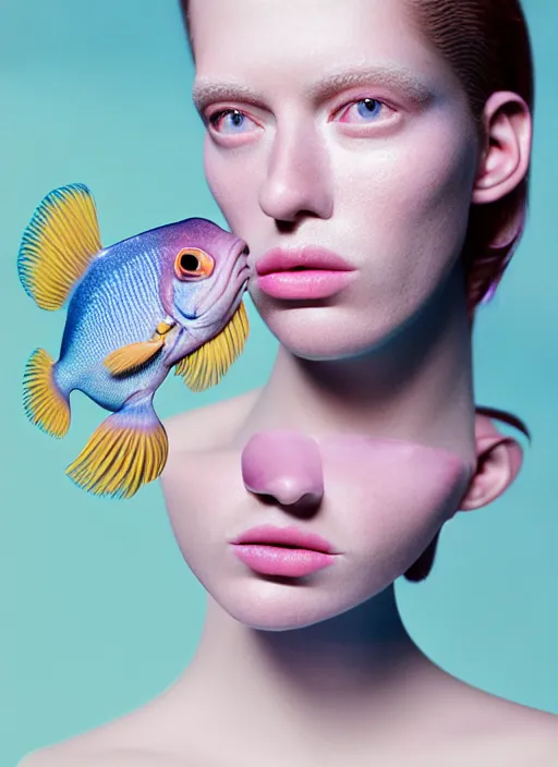 Prompt: Kodak Portra 400, 8K, soft light, volumetric lighting, highly detailed, fine art portrait photography in style of Tim Walker , britt marling face 3/4 morphing with soft pastel colors tropical fishes, metamorphosis complex 3d render , 150 mm lens, soft blur background, bust with intricate details, elegant, hyper realistic, ultra detailed, octane render, etheric, outworldly colours, emotionally evoking, head in focus, fantasy, ornamental, intricate, elegant, 8K, soft light, volumetric underwater lighting, highly detailed, Refined, Highly Detailed, soft lighting colors scheme, fine art photography, Hyper realistic, photo realistic