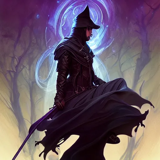 Image similar to stylized D&D wizard character, full body dressed in black clothes, dinamic body pose, mysterious, digital art by Donato Giancola and Greg Rutkowski and Julie Dillon and Alex Ross, atmospheric cinematic lighting, concept art, matte, sharp focus, stunning, beautiful, powerfull illustration, highly detailed award-winning masterpiece with incredible and beautiful details, trending on ArtStation