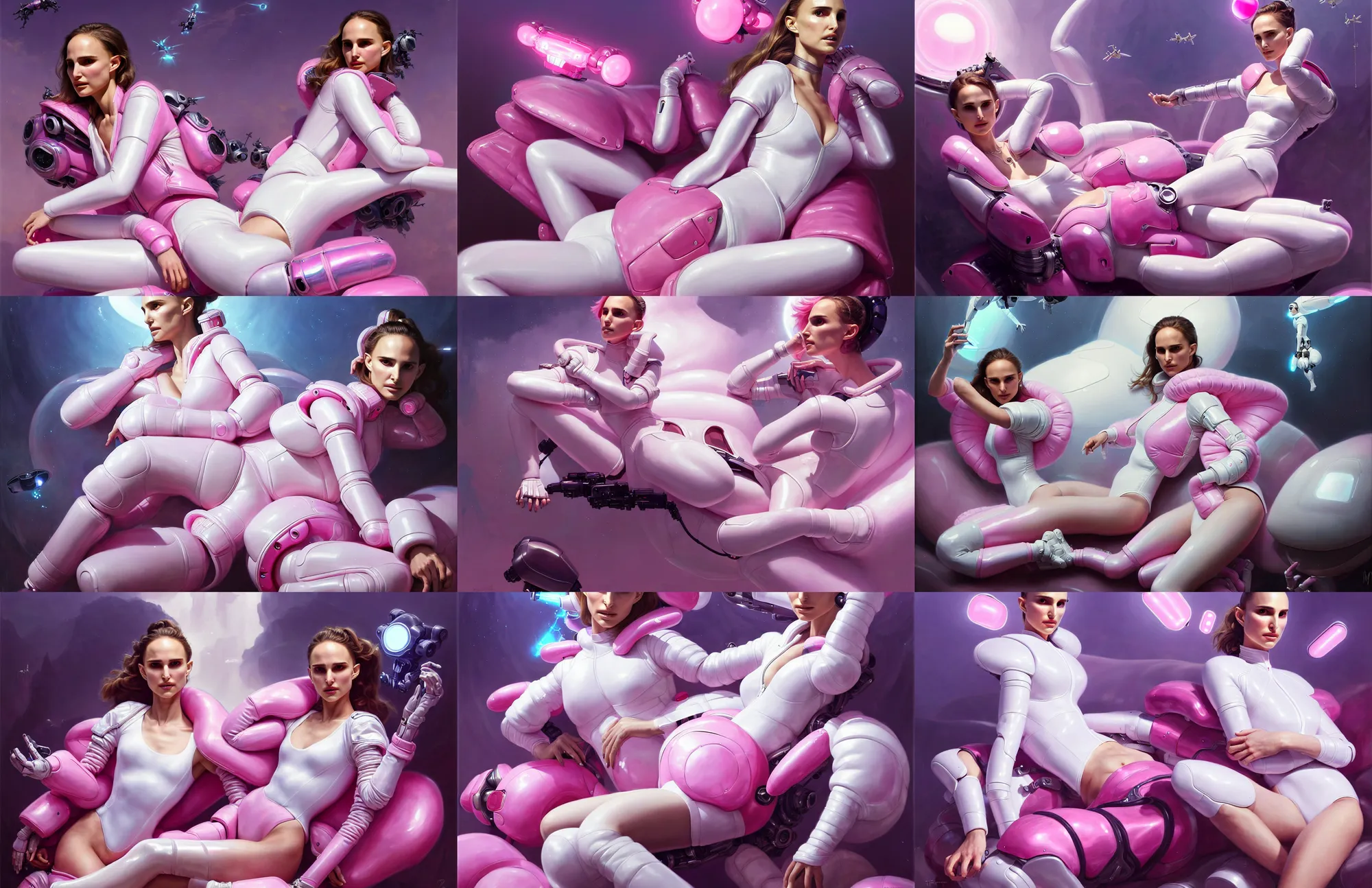 Image similar to beautiful fantasy character portrait, natalie portman, wearing pink puffy bomber jacket and white leotard, seductive reclining pose, futuristic chrome drones, ultra realistic, dramatic lighting, robots, the fifth element artifacts, highly detailed by peter mohrbacher, paolo eleuteri serpieri,