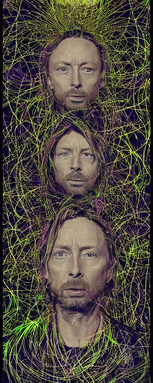 Image similar to disco diffusion portrait of Thom Yorke, hiding in the bushes looking shifty:: cosmic tarot card, intricate fractal details, broken physics, fanciful floral mandelbulb, black paper, style of wes anderson