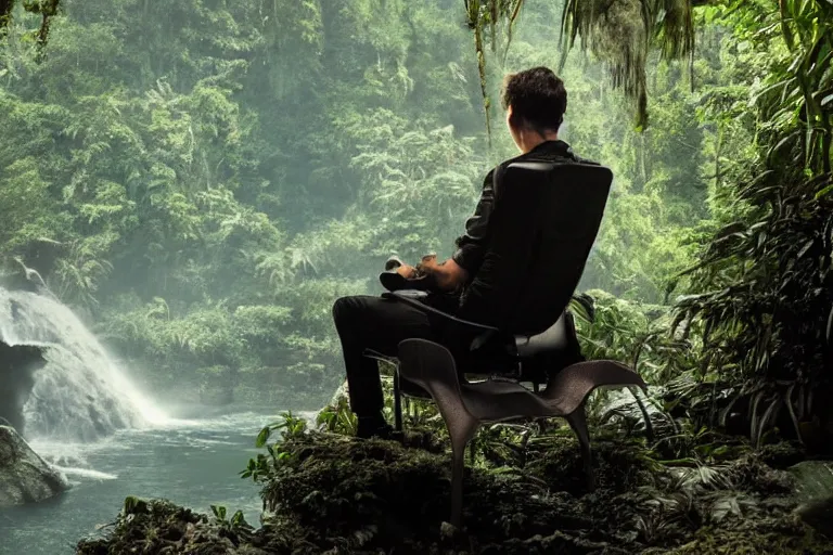 Image similar to movie closeup young man with a grey beard in a cyberpunk suit sitting on a futuristic chair at the edge of a jungle waterfall by emmanuel lubezki