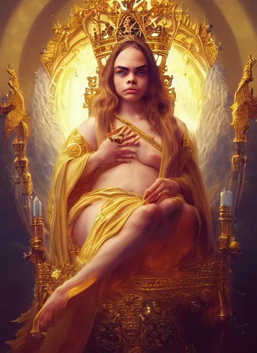 Image similar to cute chubby cara delevingne as a heavenly queen sitting on a golden throne, anatomy, bathed in light, highly detailed, photorealistic, artstation, smooth, sharp focus, illustration, unreal engine 5, 8 k, art by artgerm and greg rutkowski and edgar maxence