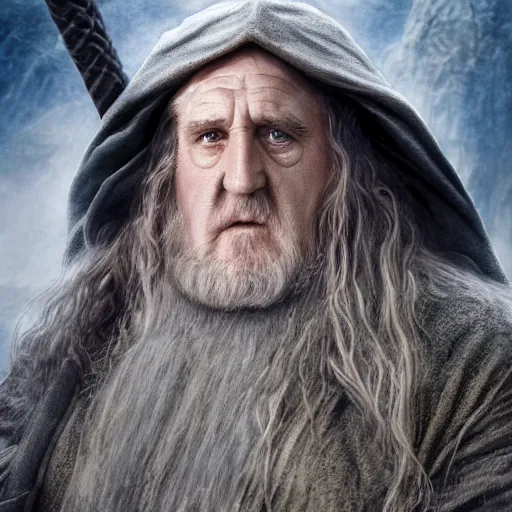 Prompt: Movie still of Gérard Depardieu as Gandalf in the Lord of the Rings in the Shire, fantasy, highly detailed, digital painting, artstation, concept art, sharp focus, illustration, art by Tony Sart and artgerm and randy vargas